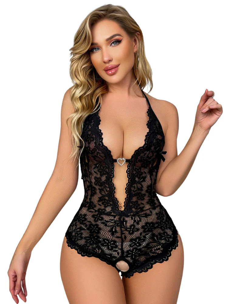 Bridal Floral Lace Scallop Trim Cut Out Sheer Crotchless Sexy Lingerie Wear - Image 7