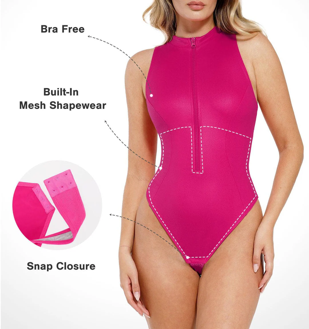 Shapewear Faux Leather Mock Neck Zip Front Sculpting Bodysuit - Image 10