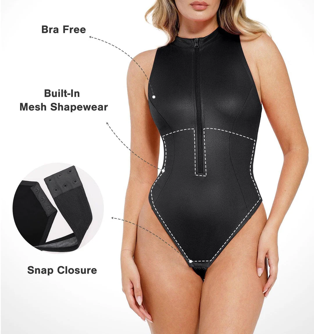 Shapewear Faux Leather Mock Neck Zip Front Sculpting Bodysuit - Image 3